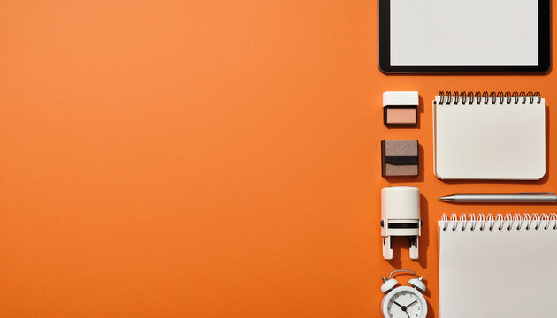 Modern office essentials flat lay with tablet and notepad for planning and schedule - Powered by Adobe