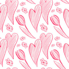 Red Hearts and flowers drawn with crayon pencil. Seamless pattern with symbols of love. Valentine's Day background with chalk texture.