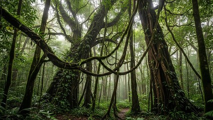 Misty Jungle Canopy: Lush Greenery and Intertwined Vines in Costa Rica.