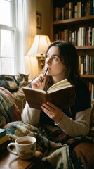 Young woman journaling at home with cat, cozy blanket and tea