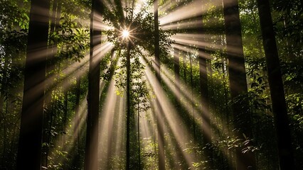 Dramatic Golden Sunburst Through Misty Forest Canopy Creating Ethereal Light Rays.