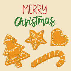 Merry Christmas greeting with gingerbread cookies &mdash; festive holiday illustration featuring tree, star, heart, and candy cane in warm flat vector style