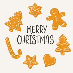 Christmas Greeting Card with Gingerbread Cookies and Holiday Elements. Festive Merry Christmas Illustration