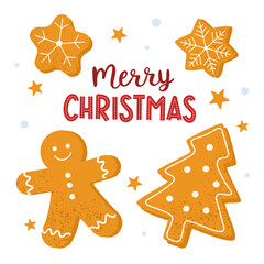 Merry Christmas greeting text with colorful gingerbread cookies. Holiday vector illustration. Christmas ginger man