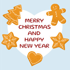 Christmas Greeting Card with Gingerbread Cookies and Heart Shape. Merry Christmas and Happy New Year Holiday Illustration