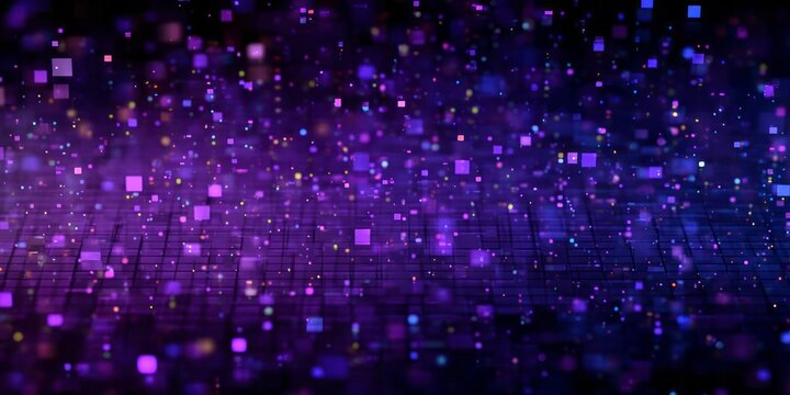 Numerous glowing digital squares float above a dark grid structure in an abstract space