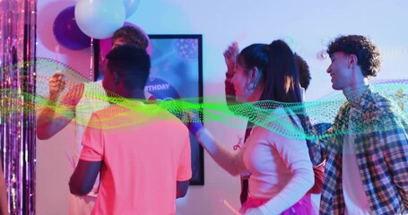 Group forming arc around man, coral man stepping, sticks waving, waveform sweeping for birthday