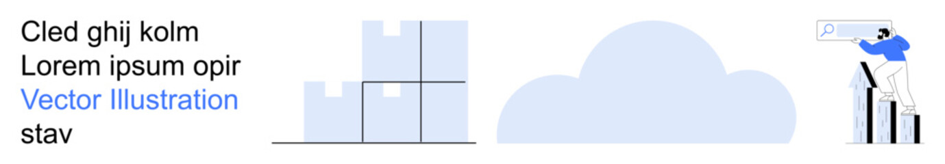 Business growth, cloud storage, analytics, data organization, success vision, online search. Icons of charts, cloud symbols and a person using search. Business growth and cloud storage concept