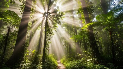 Sunbeams Bursting Through Lush Forest Canopy Creating Magical Light Rays.