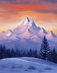 Majestic Snow-Capped Mountains at Sunset with Vibrant Sky Colors