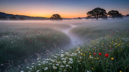 Ethereal Mist Over a Winding Stream in a Wildflower Meadow at Dawn.
