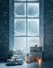 Cozy Winter Scene with Gifts and Snowy Window Background