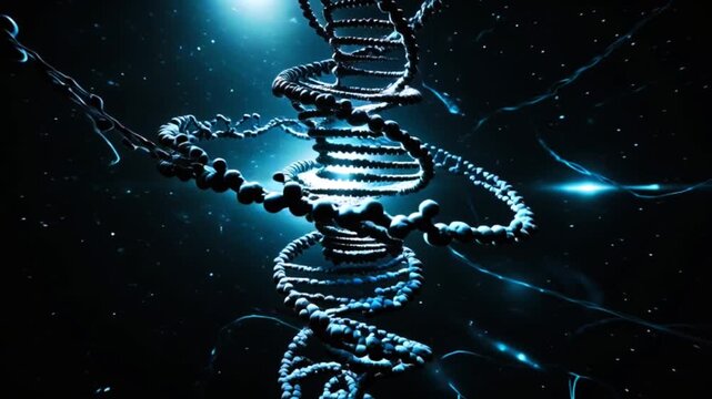 Futuristic glowing blue DNA double-helix floating in a dark scientific background with light particles and neural-like strands, creating a high-tech biotechnology, genetics, and molecular research vis