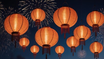 Illuminated Chinese Lanterns Against a Fireworks Display.