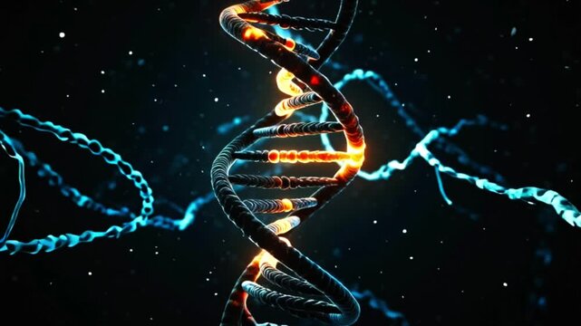Futuristic glowing blue DNA double-helix floating in a dark scientific background with light particles and neural-like strands, creating a high-tech biotechnology, genetics, and molecular research vis