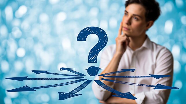 Man thinking with question mark and direction arrows