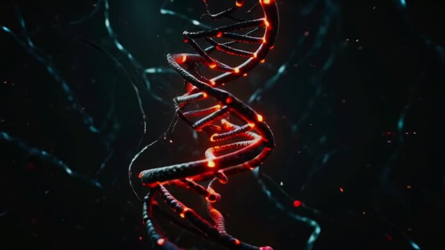 Futuristic glowing blue DNA double-helix floating in a dark scientific background with light particles and neural-like strands, creating a high-tech biotechnology, genetics, and molecular research vis