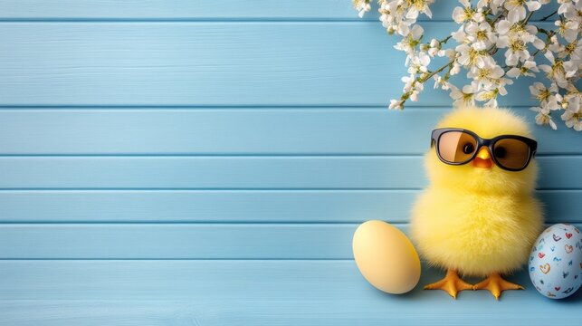 Yellow chick wearing sunglasses stands beside decorated eggs and blooming branches on a blue wooden background - Powered by Adobe