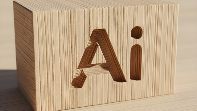 AI Wooden Block Sculpture: Artificial Intelligence Concept Art, Wood Grain Layers, Modern Technology Symbolism, Innovative Design Piece