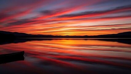 Fiery Symphony: Streaked Sunset Clouds Perfectly Reflected on a Tranquil Lake.