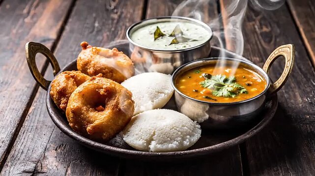 Delicious South Indian breakfast with hot idli vada sambar and chutney on rustic table
