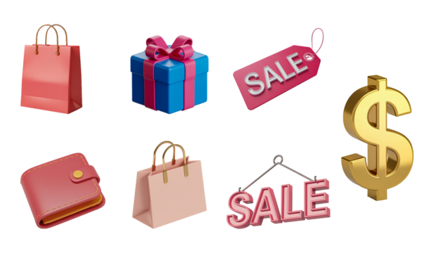 the image depicts shopping bags gifts a sale sign a dollar sign and a wallet representing retail and financial themes