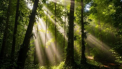 Sunlit Rainforest: Dramatic Beams of Light Through Lush Green Canopy.