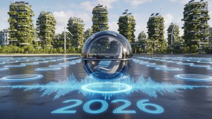 Experience the future in 2026 with sustainable architecture and an innovative pod vehicle in a futuristic cityscape, embracing green technology and design