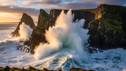 Golden Sunset Waves Exploding Against Rugged Sea Cliffs Majestic Coastal Power and Dynamic Ocean Spray.