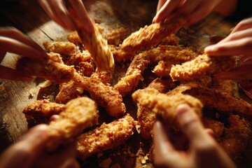 Hands reaching for crispy fried chicken pieces on a rustic wooden table, showcasing a communal dining experience filled with warmth and enjoyment of delicious comfort food