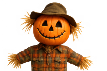 Happy jack-o'-lantern scarecrow smiling, wearing plaid shirt and hat, autumn halloween decoration