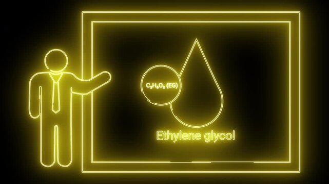 Yellow neon image shows a person presenting ethylene glycol a chemical compound on a screen with a water droplet image