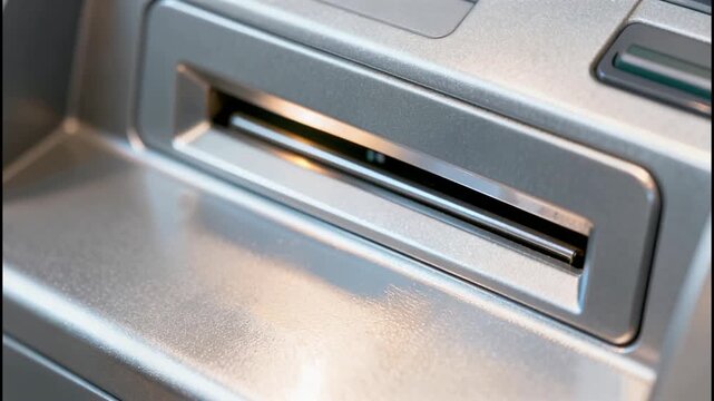 Close-up of a hand inserting a credit card into an ATM machine slot for a transaction