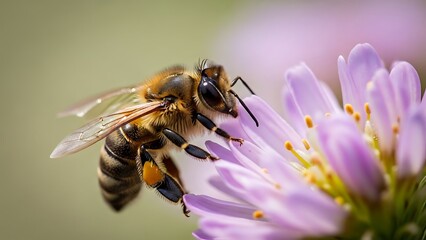 Detailed Macro Profile of a Fuzzy Honeybee with a Full Pollen Basket on a Lavender Aster.