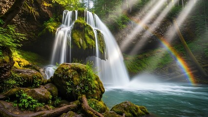 Magical Forest Waterfall: Silky Cascade Sun Rays and Vibrant Rainbow over Mossy Rocks.