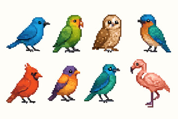Obraz premium Pixel Art Birds Collection – Colorful Vector Bird Icons