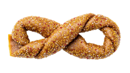 Isolated sweet soft twist pretzel bread covered in candy sprinkles shaped as infinity symbol