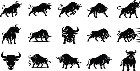 Collection of black bull silhouette vector illustrations in various poses