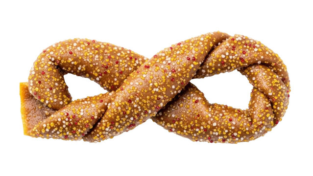 Isolated sweet soft twist pretzel bread covered in candy sprinkles shaped as infinity symbol