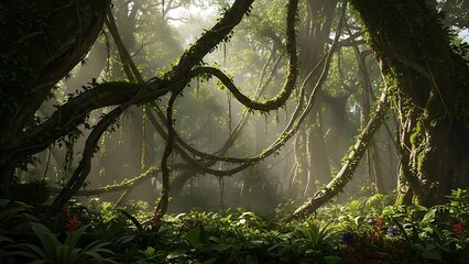 Sun-Drenched Jungle Canopy: Lush Vines and Verdant Foliage in Misty Light.