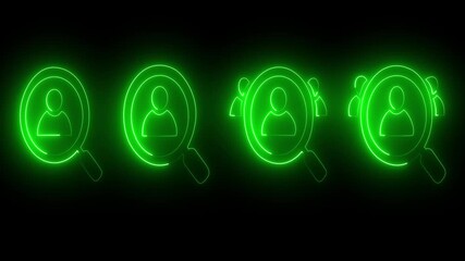 Neon magnifying glass with people icons searching for talent or social network connectivity for people profile analysis recruitment selection candidate search. - Powered by Adobe