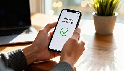 Hands holding smartphone with “Payment successful” confirmation screen, mobile banking app interface, secure digital transaction concept in bright home office with laptop and houseplant on wooden desk