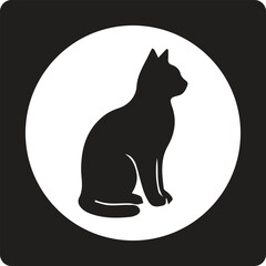 Sitting black cat silhouette graphic icon in a white circle frame