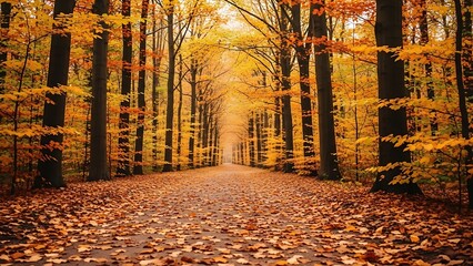 A Serene Symmetrical Path Through a Golden Autumn Forest Tunnel.
