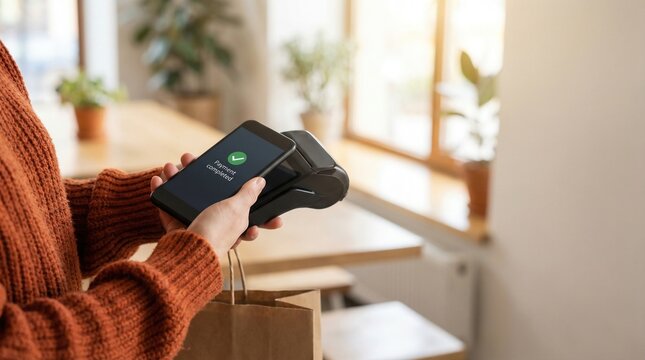 Contactless smartphone payment completed on wireless POS terminal in cozy cafe, customer holding shopping bag and using mobile wallet for secure cashless checkout, modern digital banking technology.