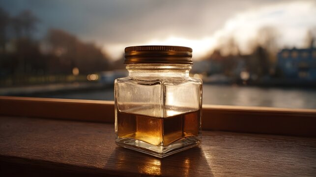 A small amber liquid filled glass jar with a metallic lid sits on a wooden surface against a moody blurred landscape at dawn
