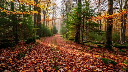 Vibrant Autumn Forest Path with Golden Leaves Mossy Rocks and Misty Horizon.