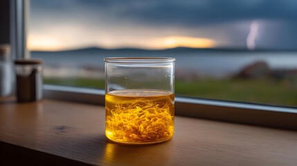 A glass beaker containing amber liquid and fibrous material sits on a wooden ill with a dramatic stormy sunset landscape visible through the window