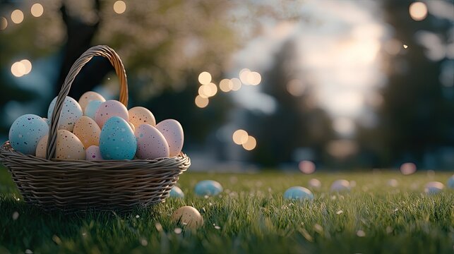 Colorful Easter eggs in a woven basket sitting on green grass during a spring evening light with blurred background