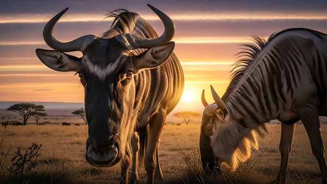 Wildebeest Grazing at Sunset in the African Savannah.